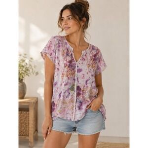 Pilcro and the Letterpress Tie Dye V-Neck Tee Purple Pink Womens Medium Boho